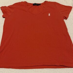 Ralph Lauren Womens V Neck Tee Shirt Coral Red White Pony Sign